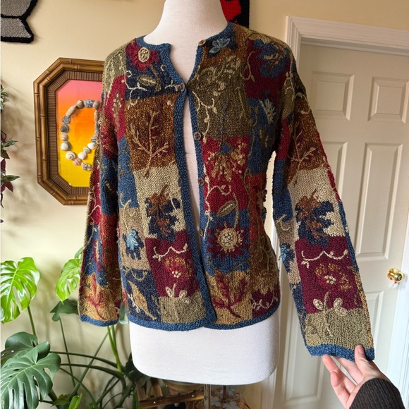 david brooks Sweaters - Vintage 90’s Silk Blend Multicolor Hand Knit Cardigan with Leaf Details